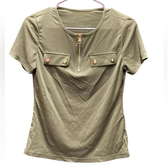 SHEIN Tops - SHEIN Khaki Short Sleeve Tee with Front Zipper